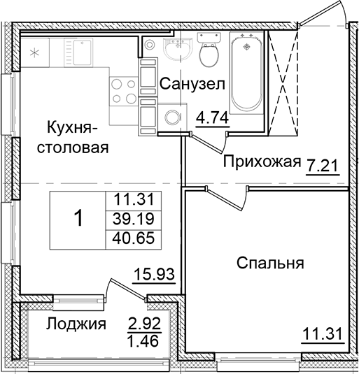 Планировка — Квартал Заречье, 1-комн., 39 м²