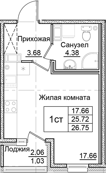 Планировка — Квартал Заречье, Студия, 26 м²