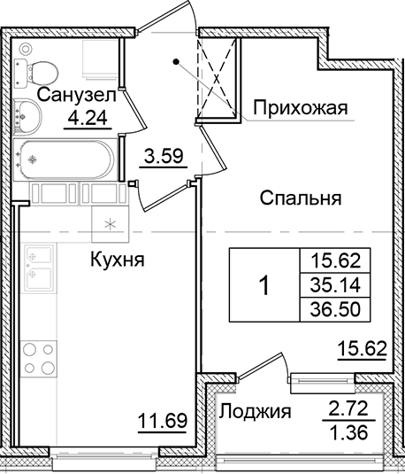 Планировка — Квартал Заречье, 1-комн., 35 м²
