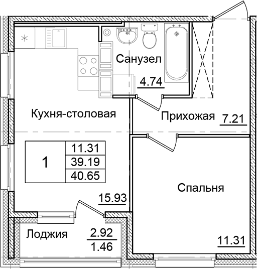 Планировка — Квартал Заречье, 1-комн., 39 м²