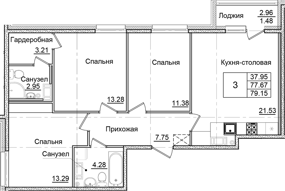 Планировка — Квартал Заречье, 3-комн., 78 м²