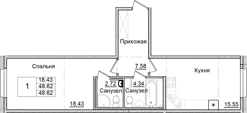 Планировка — Квартал Заречье, 1-комн., 49 м²