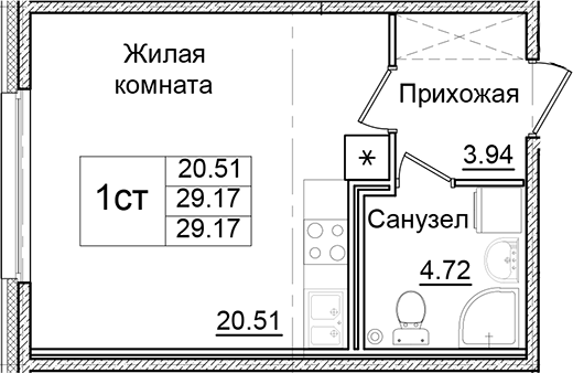 Планировка — Квартал Заречье, Студия, 29 м²