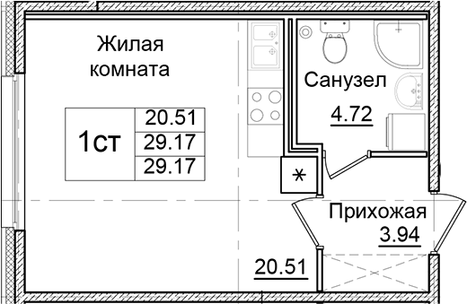 Планировка — Квартал Заречье, Студия, 29 м²