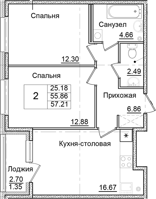 Планировка — Квартал Заречье, 2-комн., 56 м²