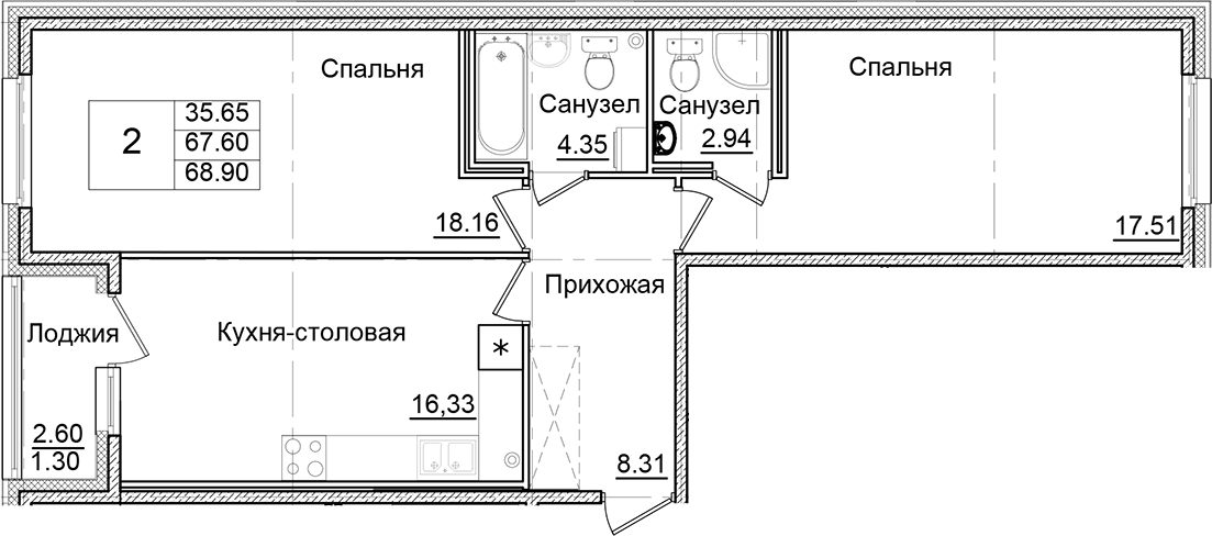 Планировка — Квартал Заречье, 2-комн., 68 м²