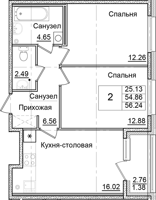 Планировка — Квартал Заречье, 2-комн., 55 м²