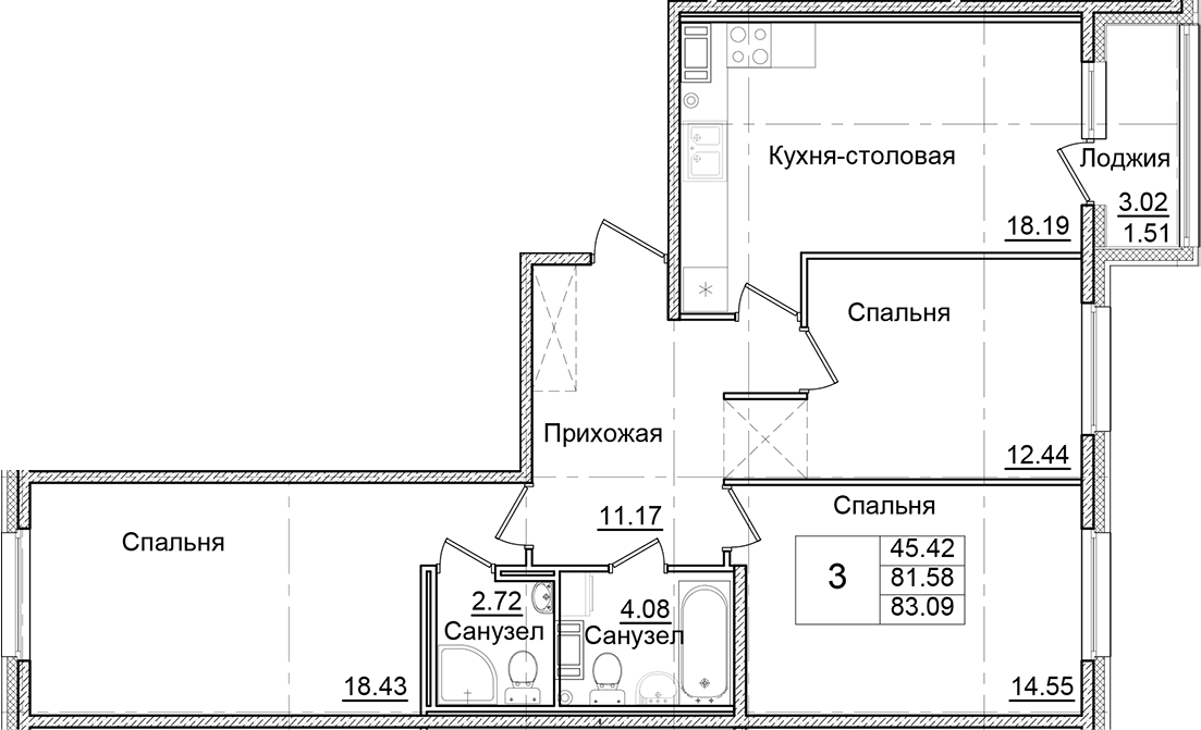Планировка — Квартал Заречье, 3-комн., 82 м²