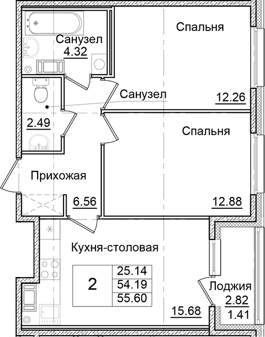 Планировка — Квартал Заречье, 2-комн., 54 м²