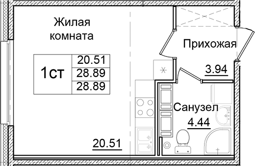 Планировка — Квартал Заречье, Студия, 29 м²