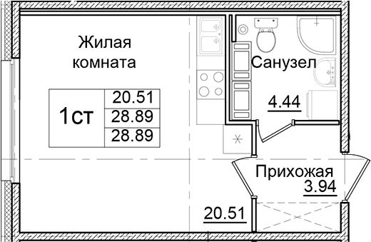 Планировка — Квартал Заречье, Студия, 29 м²
