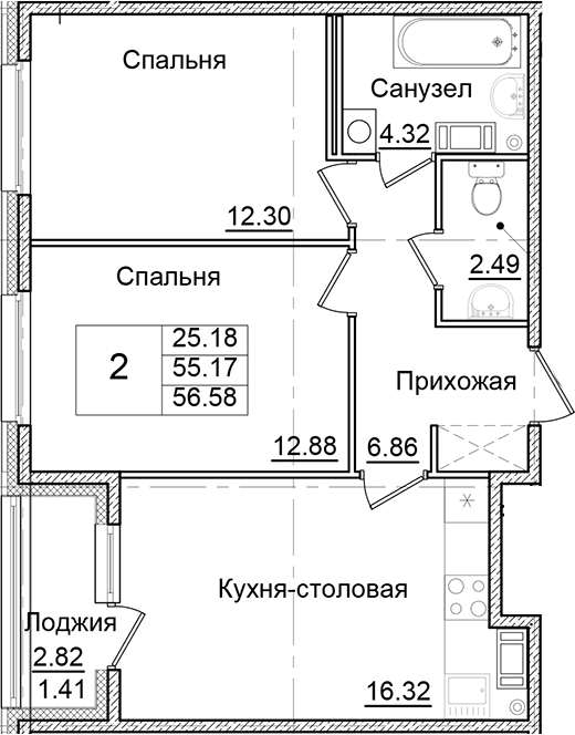 Планировка — Квартал Заречье, 2-комн., 55 м²