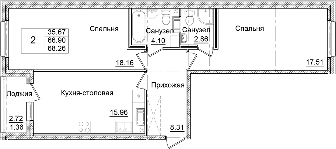 Планировка — Квартал Заречье, 2-комн., 67 м²