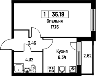 Планировка — Урбанист, 1-комн., 34 м²