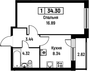 Планировка — Урбанист, 1-комн., 33 м²