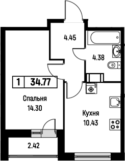 Планировка — Урбанист, 1-комн., 34 м²