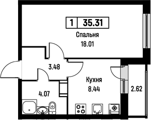 Планировка — Урбанист, 1-комн., 34 м²