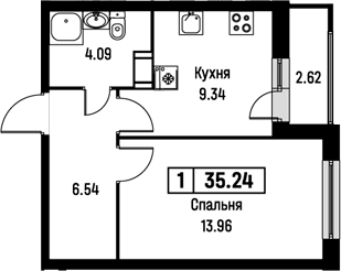 Планировка — Урбанист, 1-комн., 34 м²