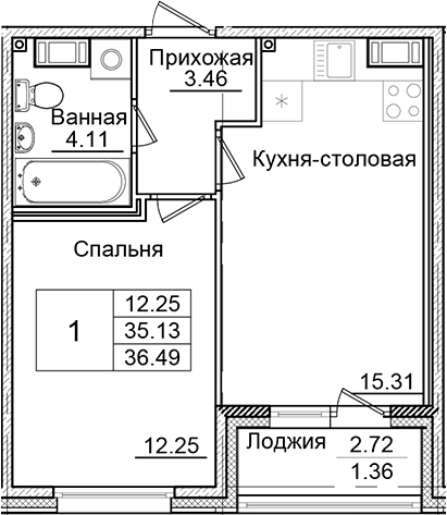 Планировка — Квартал Заречье, 1-комн., 35 м²