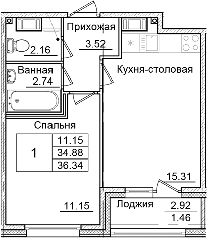 Планировка — Квартал Заречье, 1-комн., 35 м²