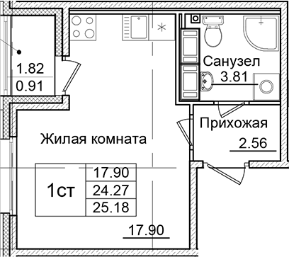 Планировка — Квартал Заречье, Студия, 24 м²