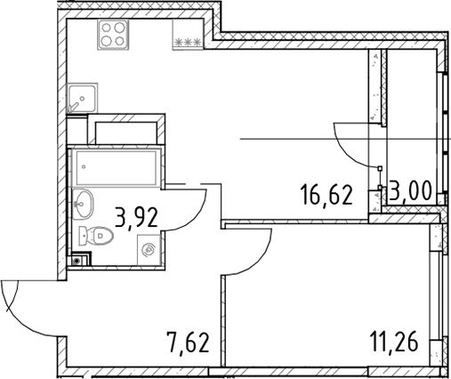 Планировка — ЦДС Новосаратовка. Город Первых, 2-комн., 39 м²
