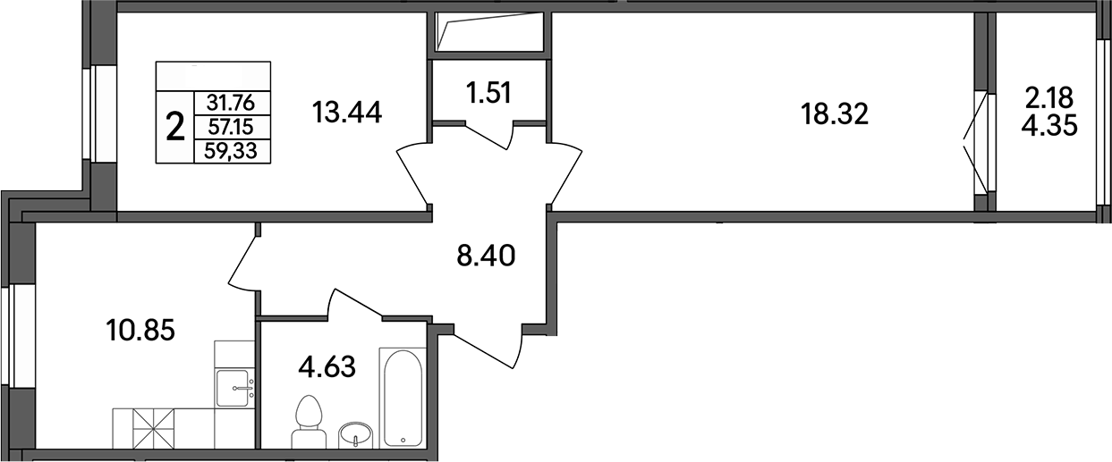 Планировка — Рождественский квартал, 2-комн., 57 м²