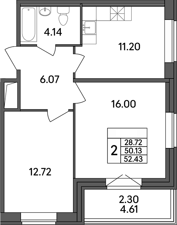 Планировка — Рождественский квартал, 2-комн., 50 м²
