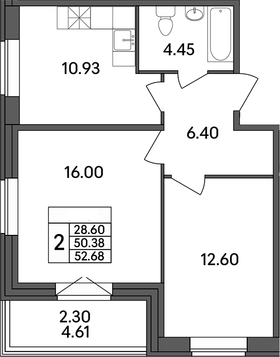 Планировка — Рождественский квартал, 2-комн., 50 м²