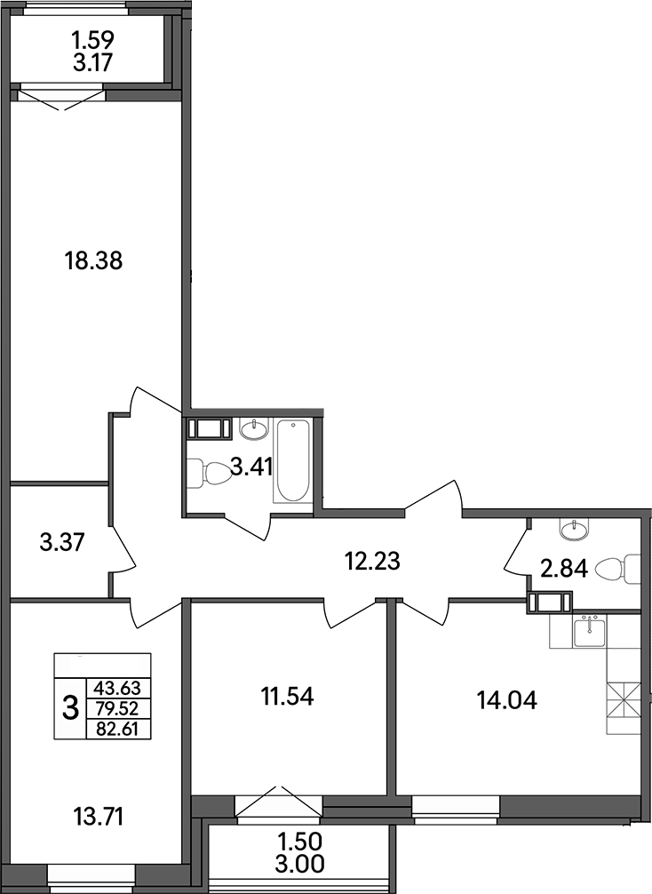 Планировка — Рождественский квартал, 3-комн., 80 м²