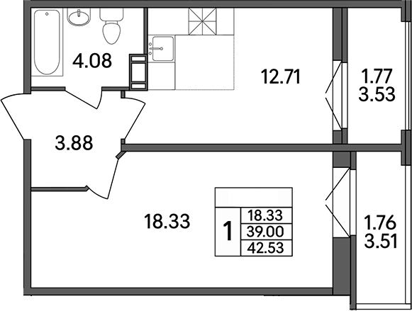 Планировка — Рождественский квартал, 1-комн., 39 м²
