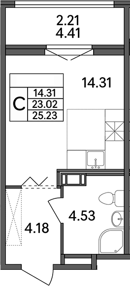 Планировка — Рождественский квартал, Студия, 23 м²