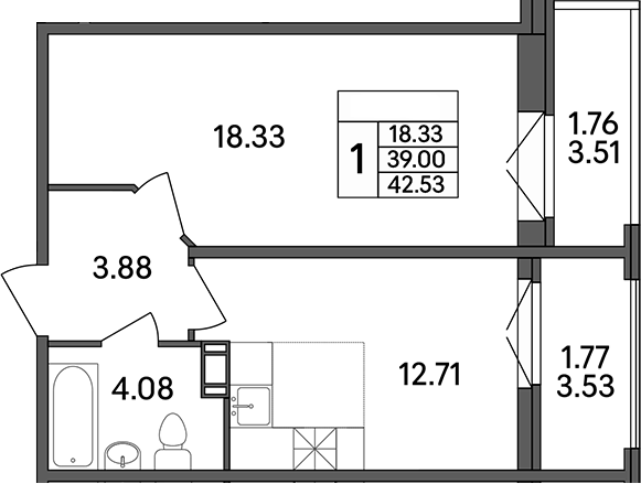 Планировка — Рождественский квартал, 1-комн., 39 м²