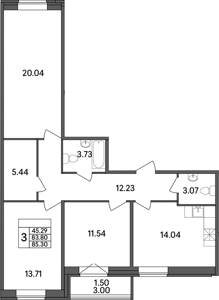 Планировка — Рождественский квартал, 3-комн., 84 м²