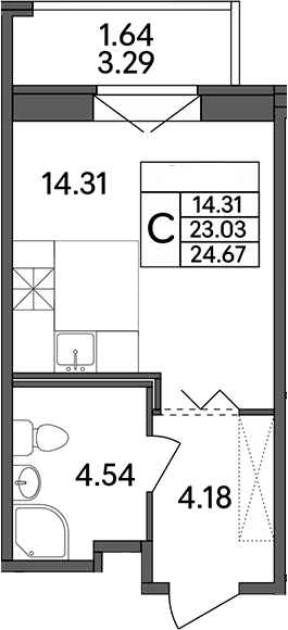 Планировка — Рождественский квартал, Студия, 23 м²