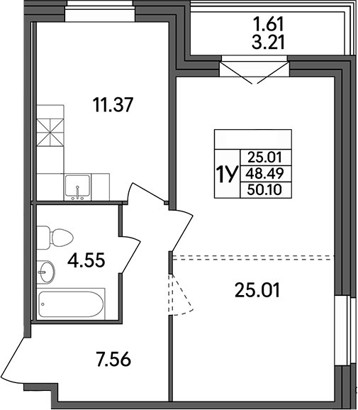 Планировка — Рождественский квартал, 1-комн., 48 м²