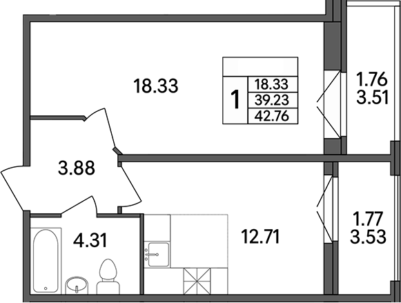Планировка — Рождественский квартал, 1-комн., 39 м²