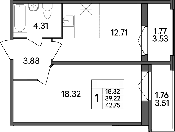 Планировка — Рождественский квартал, 1-комн., 39 м²