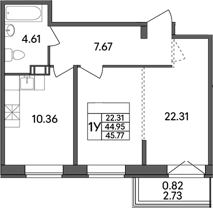 Планировка — Рождественский квартал, 1-комн., 45 м²