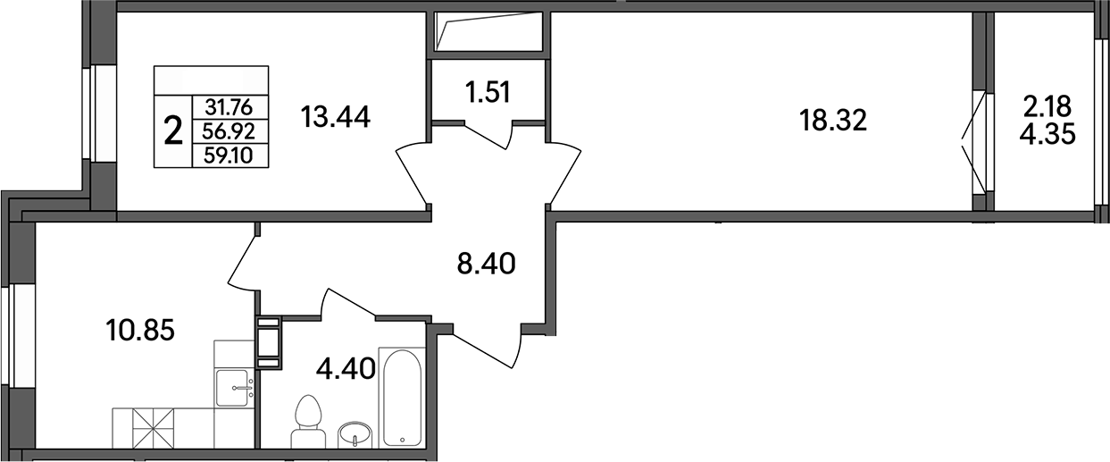 Планировка — Рождественский квартал, 2-комн., 57 м²