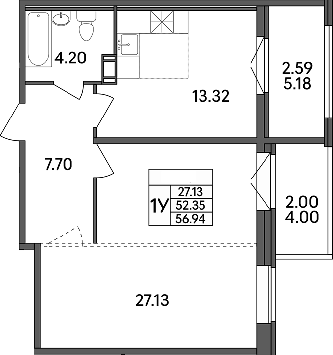 Планировка — Рождественский квартал, 1-комн., 52 м²