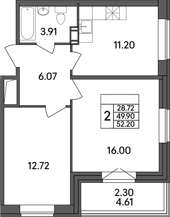 Планировка — Рождественский квартал, 2-комн., 50 м²