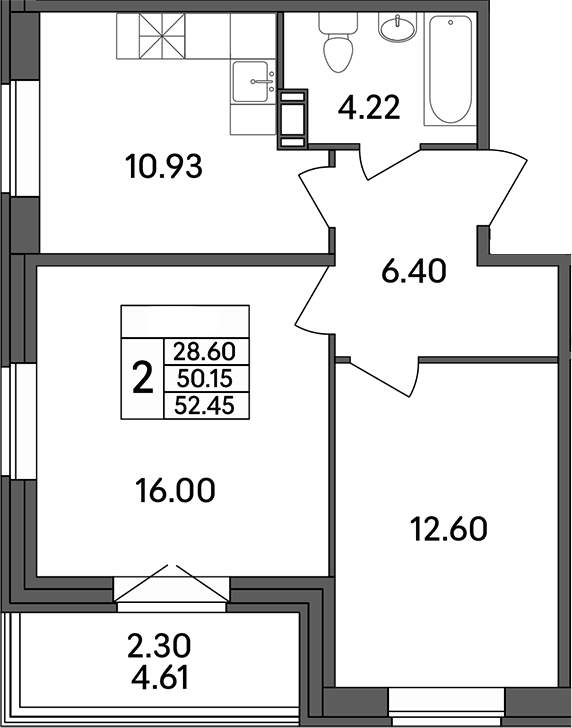 Планировка — Рождественский квартал, 2-комн., 50 м²