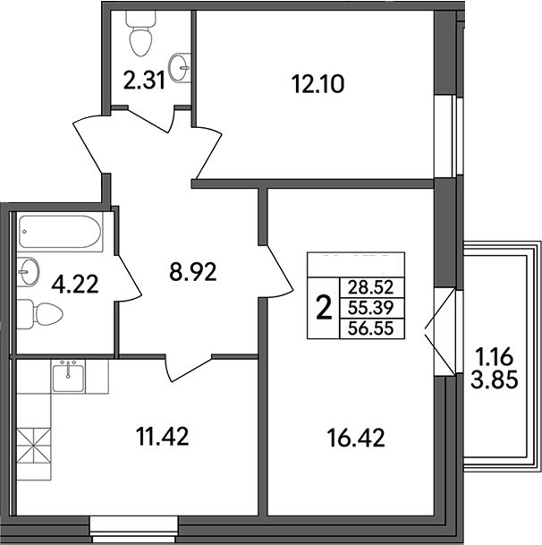 Планировка — Рождественский квартал, 2-комн., 55 м²