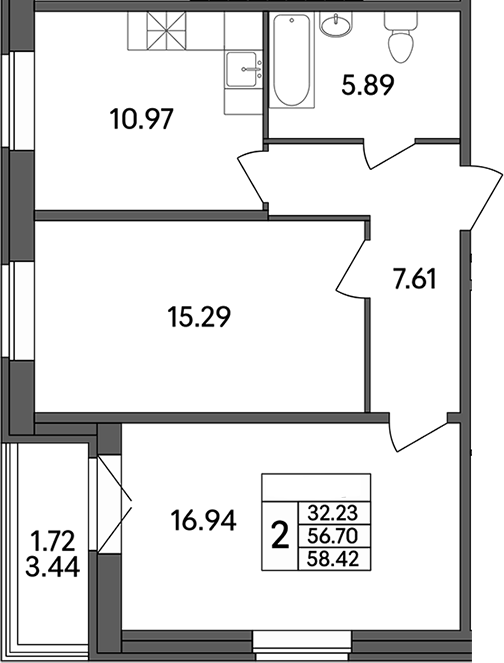 Планировка — Рождественский квартал, 2-комн., 57 м²