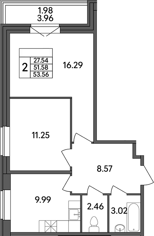 Планировка — Рождественский квартал, 2-комн., 52 м²