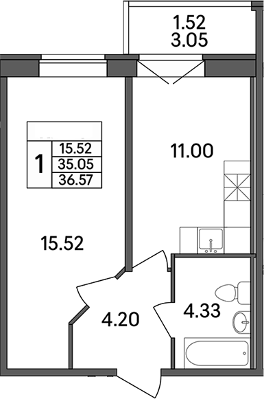Планировка — Рождественский квартал, 1-комн., 35 м²