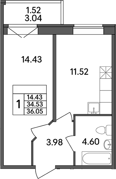 Планировка — Рождественский квартал, 1-комн., 35 м²