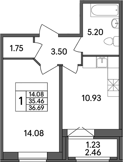 Планировка — Рождественский квартал, 1-комн., 35 м²