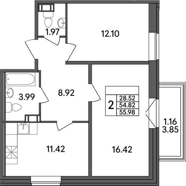 Планировка — Рождественский квартал, 2-комн., 55 м²